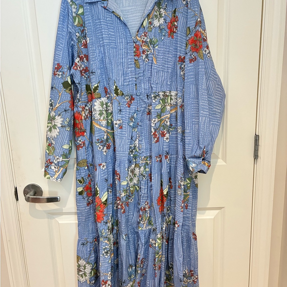 Johnny Was Cotton Floral Blue Long Sleeve Dress - Picture 3 of 7